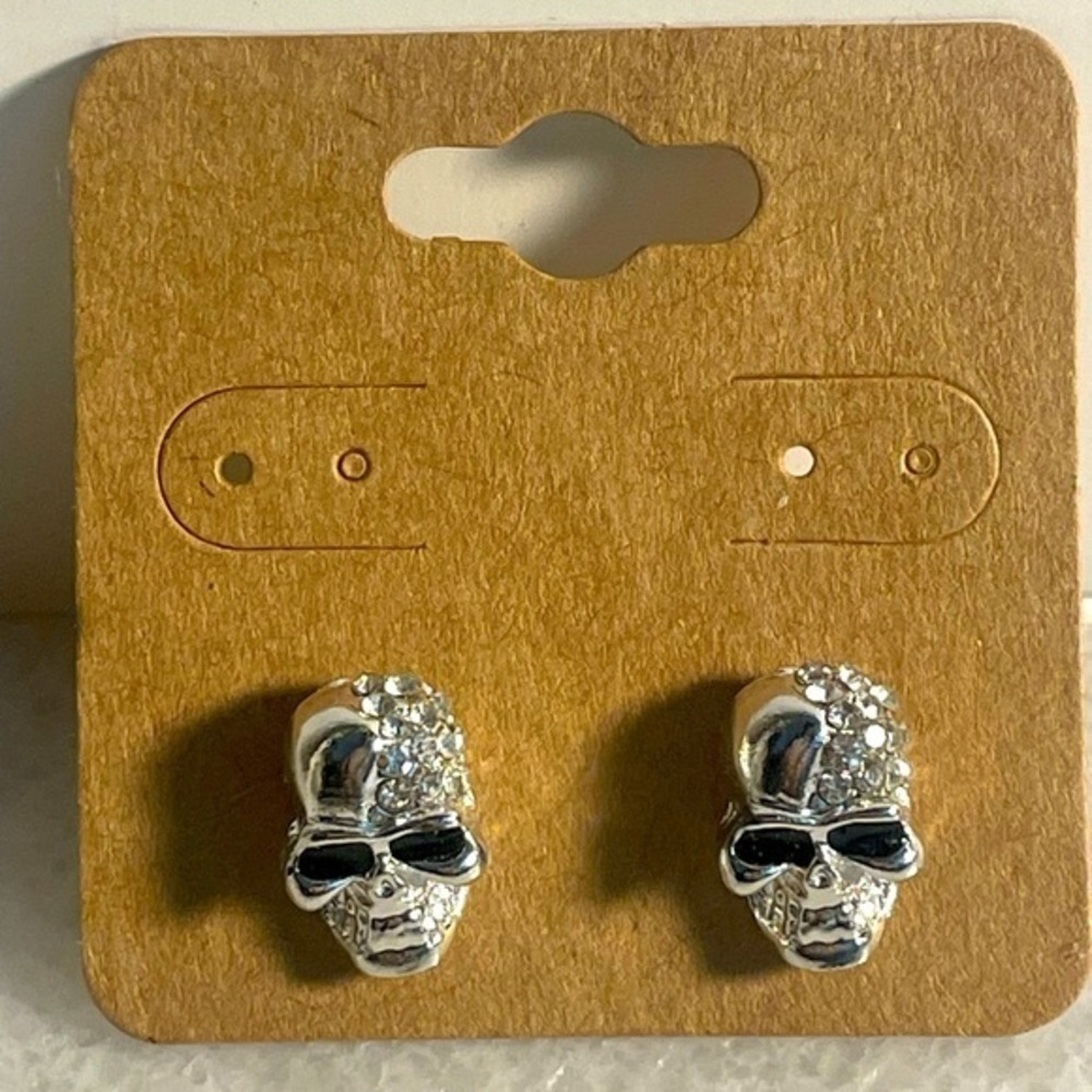 Skeleton earrings NEW fashion jewelry silver tone skull head  rhinestones OS